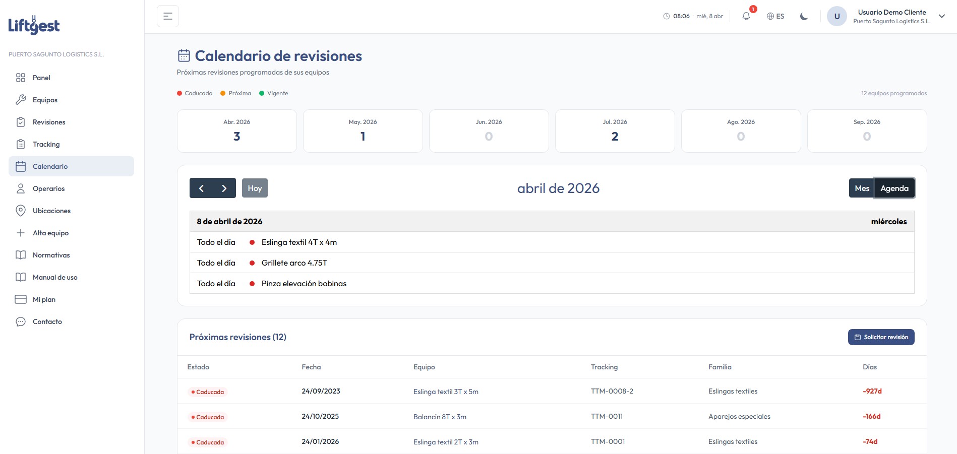 Dashboard del cliente — Calendario
