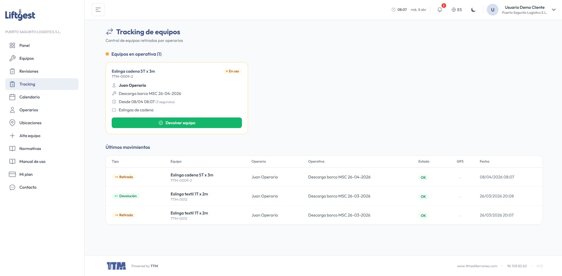 Dashboard del cliente — Tracking